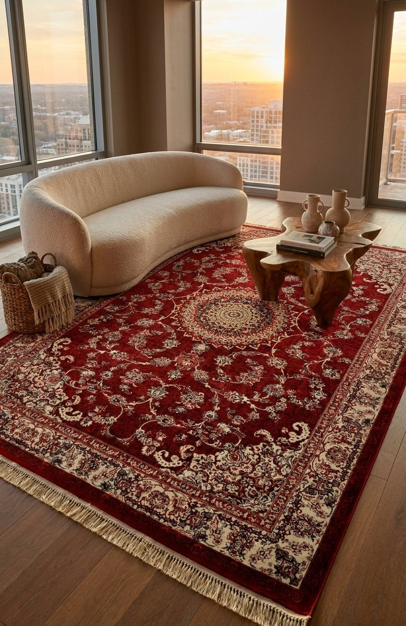 Traditional Red Kashan Turkish Area Rug 1200 Reeds — area rug styled in a room, Stylish Rugs & Carpets, Sacramento