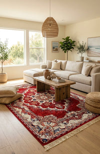 Majestic Crimson and Gold Persian Rug 1200 Reeds — area rug styled in a room, Stylish Rugs & Carpets, Sacramento