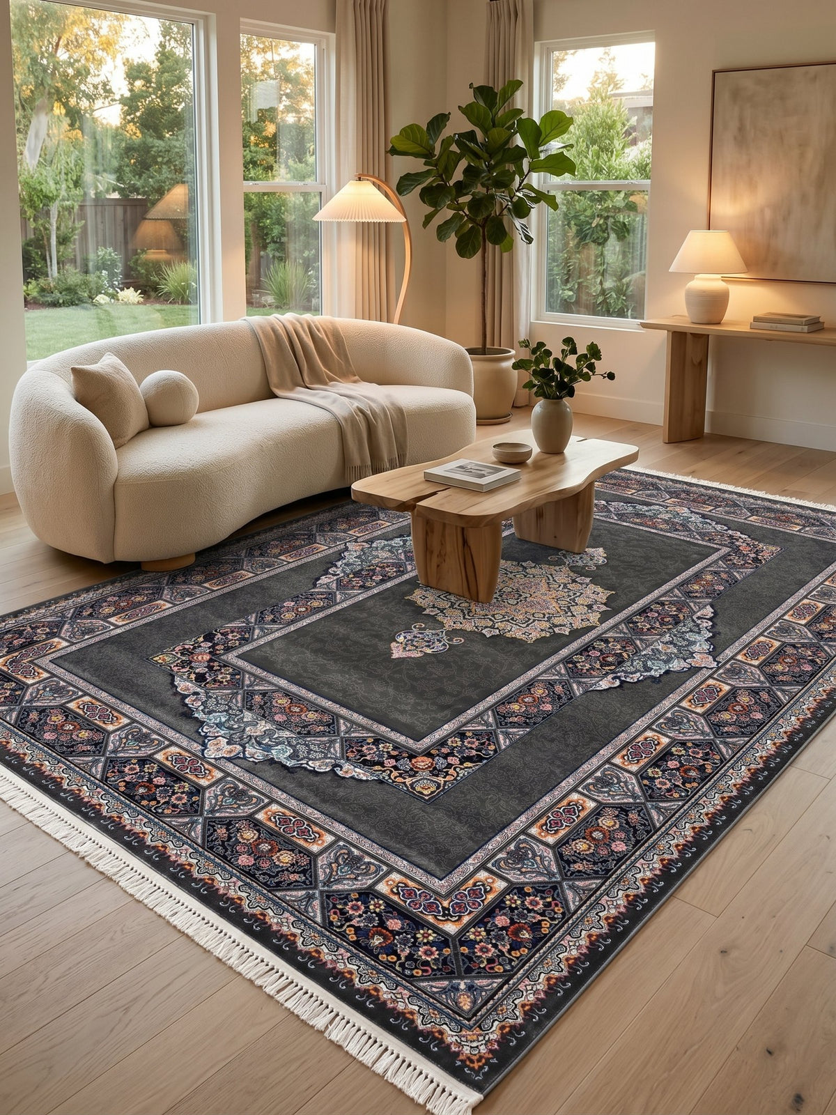 Dark Gray Classic Medallion Persian Rug · 1200 Reeds styled in a room — Stylish Rugs & Carpets, Sacramento