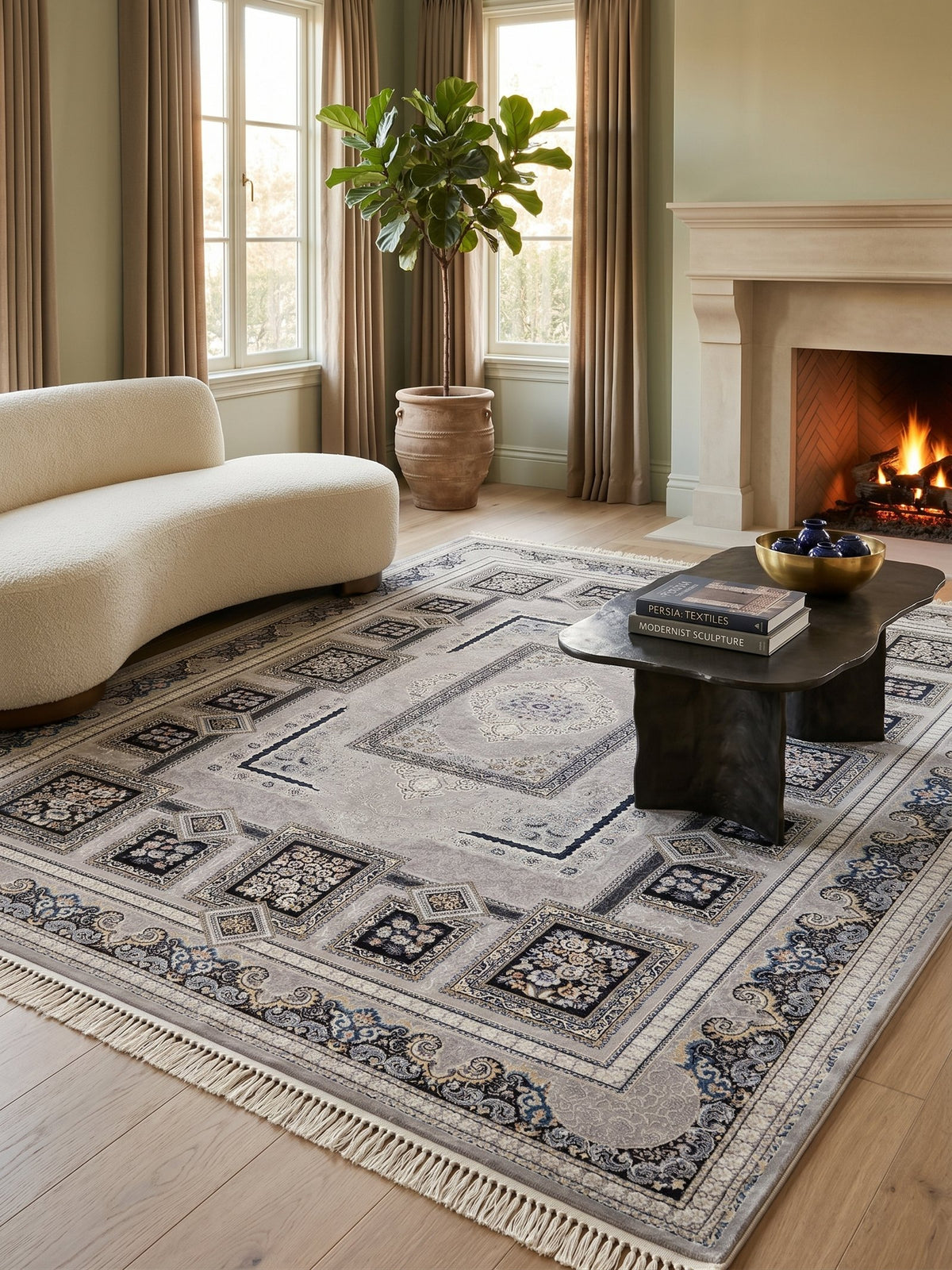 Gray Medallion Persian Rug styled in a room — Stylish Rugs & Carpets, Sacramento