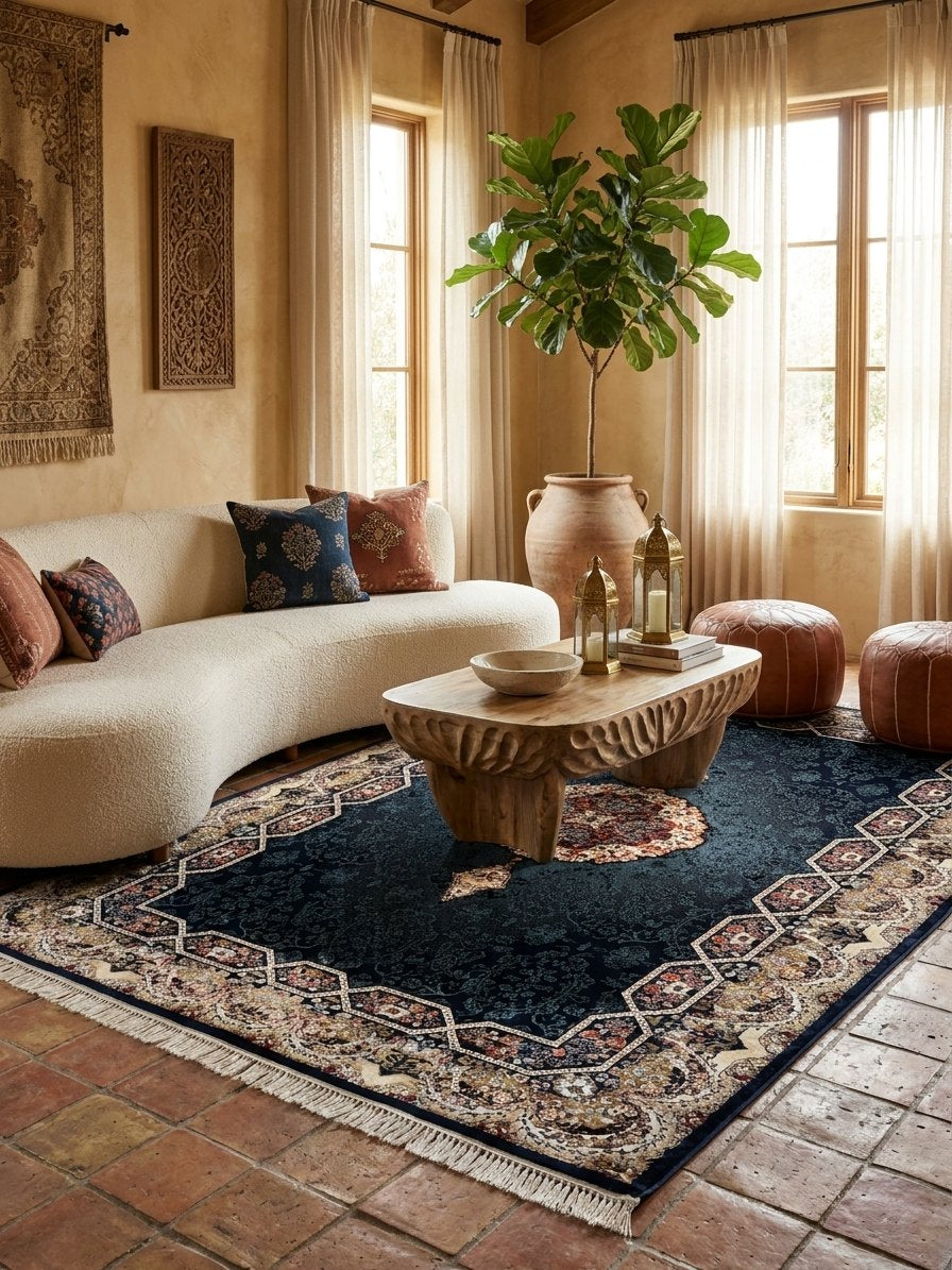 Navy Persian Design Rug — 1200 Reeds — area rug styled in a room, Stylish Rugs & Carpets, Sacramento