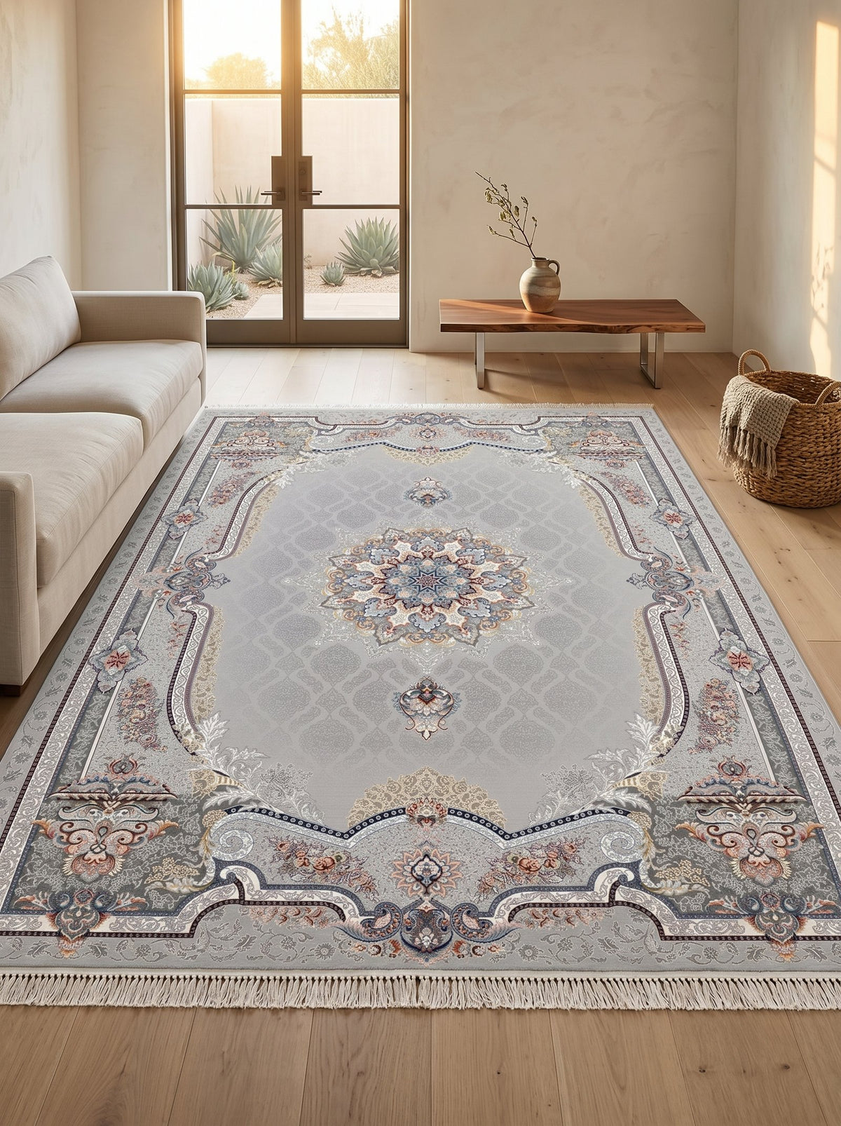 Silver Ornate-Frame Medallion Persian Rug · 1200 Reeds — size 10x13 Feet (300x400 cm) 12Meters shown to scale in a living room — Stylish Rugs & Carpets, Sacramento