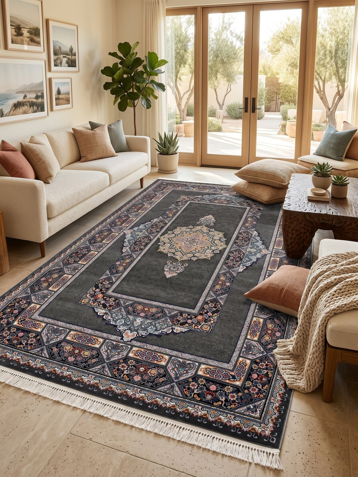 Dark Gray Classic Medallion Persian Rug · 1200 Reeds — size 3x10Feet (91x300cm)  3Meters Runner shown to scale in a living room — Stylish Rugs & Carpets, Sacramento