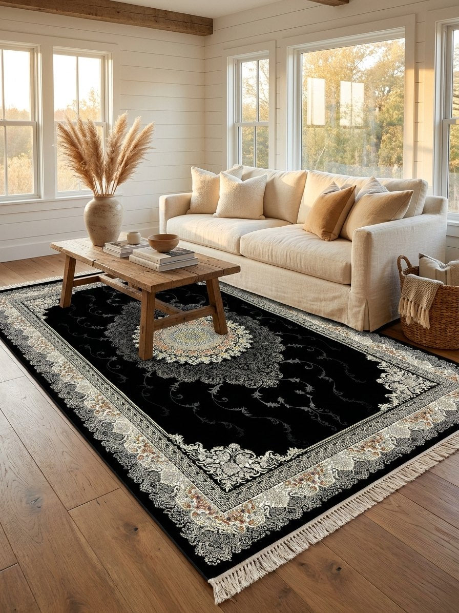 Black Floral Turkish Rug rug styled in a Sacramento home — Stylish Rugs & Carpets