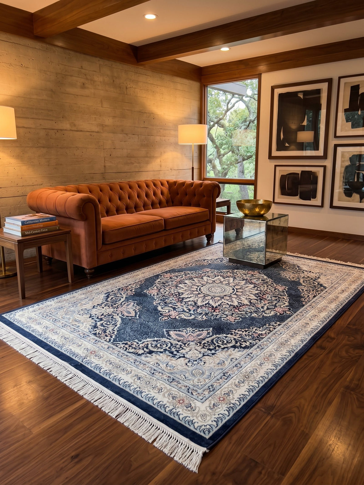 Kashan Navy Persian Design Rugs 2 Million Points styled in a room — Stylish Rugs & Carpets, Sacramento