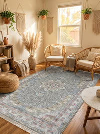 Persian Oval Carpet - Gray Background with Central Medallion and Pastel Accents - 2 Million Points rug styled in a Sacramento home — Stylish Rugs & Carpets