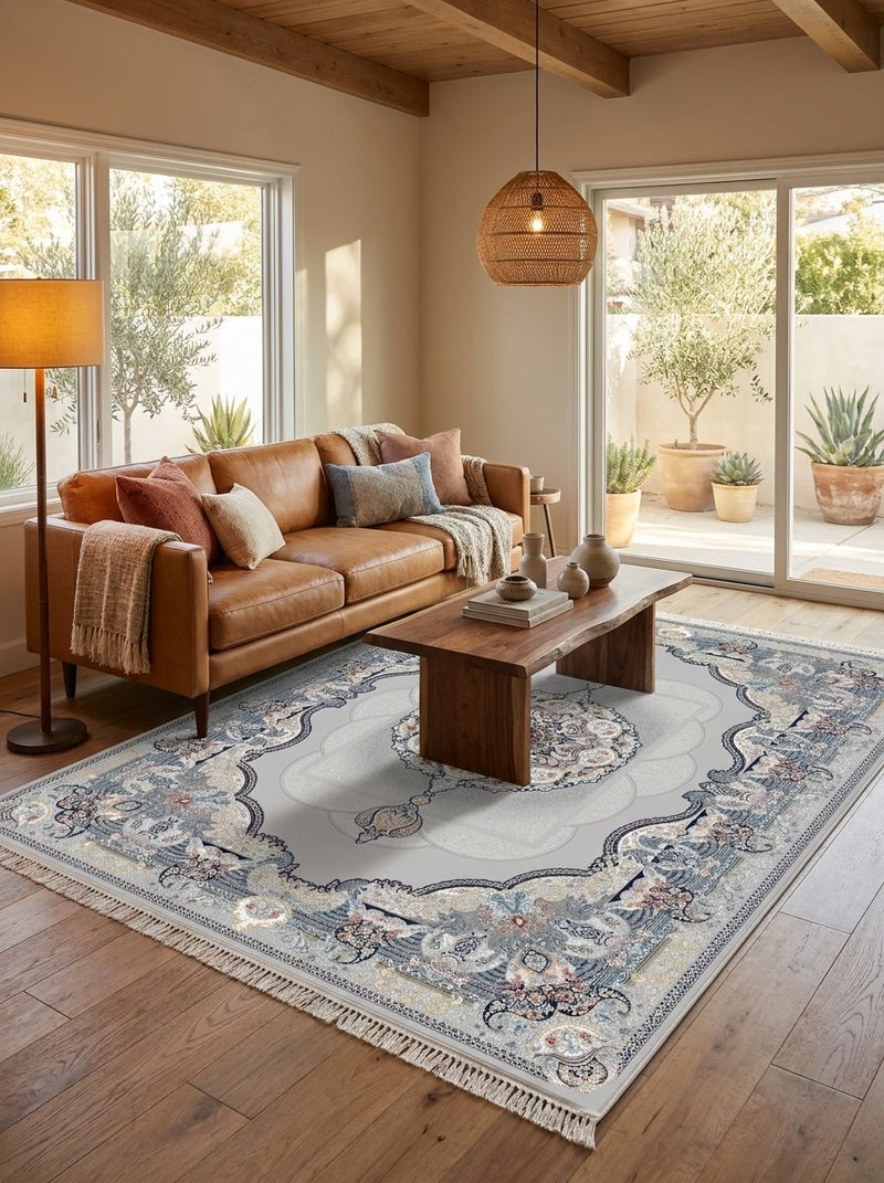 2026 light gray Persian-inspired traditional rug with royal medallion, 1200 reeds, detailed floral border