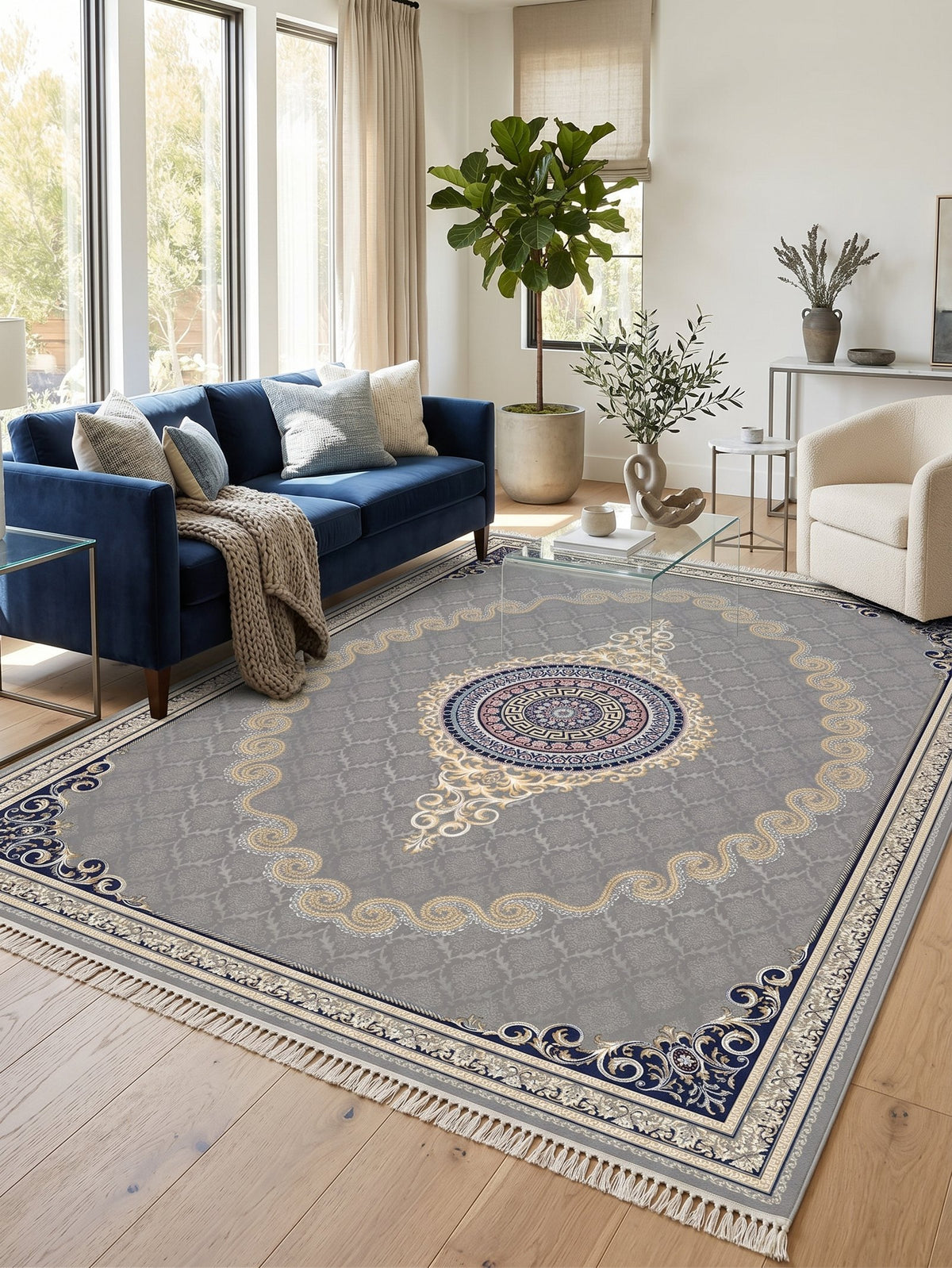 Silver Gray & Gold Scroll Persian Rug · 1200 Reeds — size 10x13 Feet (300x400 cm) 12Meters shown to scale in a living room — Stylish Rugs & Carpets, Sacramento