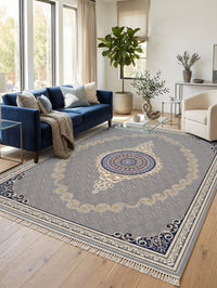 Silver Gray & Gold Scroll Persian Rug · 1200 Reeds — size 10x13 Feet (300x400 cm) 12Meters shown to scale in a living room — Stylish Rugs & Carpets, Sacramento