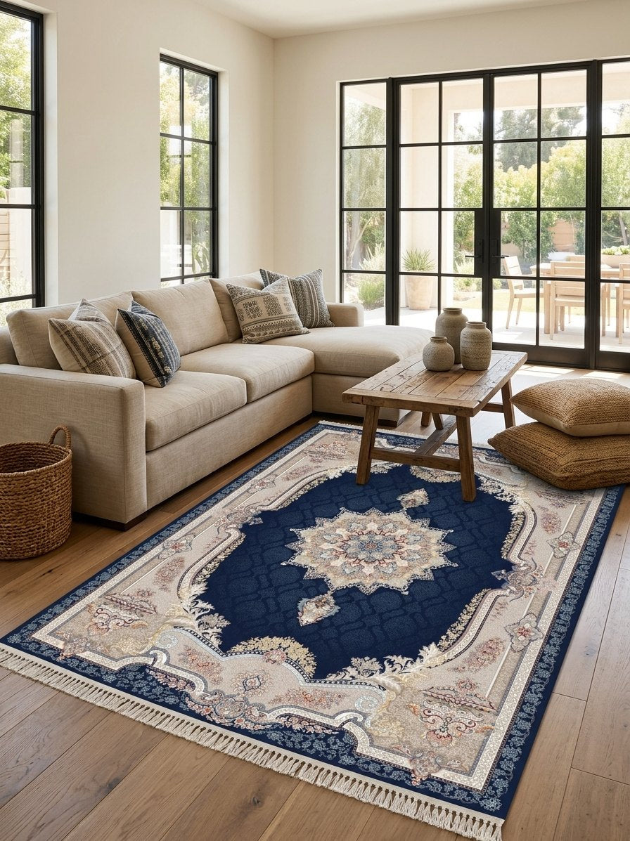 Navy Medallion Persian Rug · 1200 Reeds — size 3x6Feet (91x200cm)  2Meters Runner shown to scale in a living room — Stylish Rugs & Carpets, Sacramento