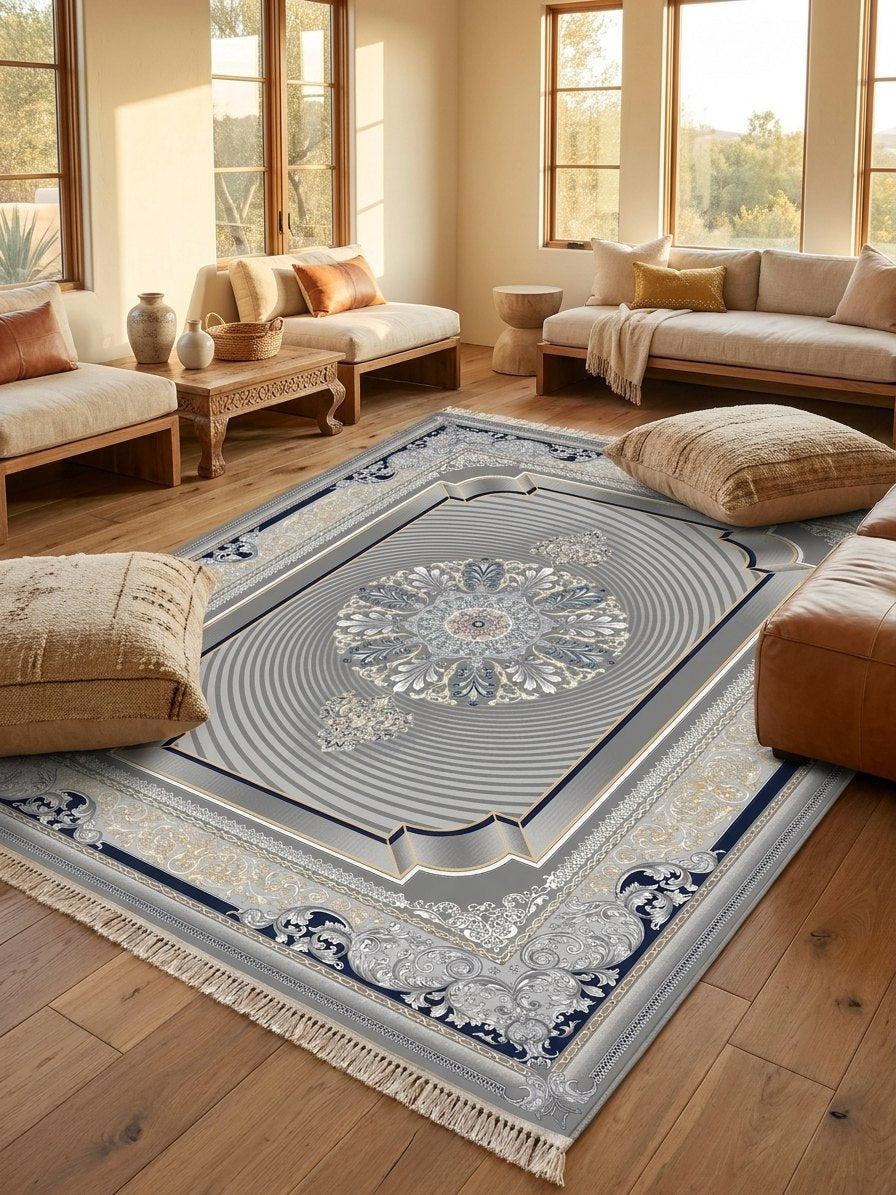 Dark Gray 3D Persian Rug · 1200 Reeds — size 6.5x10 Feet (200x300 cm) 6Meters shown to scale in a living room — Stylish Rugs & Carpets, Sacramento