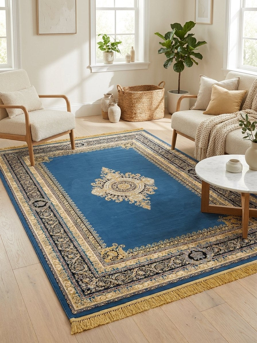 Navy Medallion Persian Rug rug styled in a Sacramento home — Stylish Rugs & Carpets