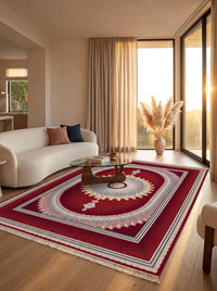 Royal Red Medallion Persian Rug · 1200 Reeds — size 5x7.5 ft (150x230 cm) 3.5Meters shown to scale in a living room — Stylish Rugs & Carpets, Sacramento
