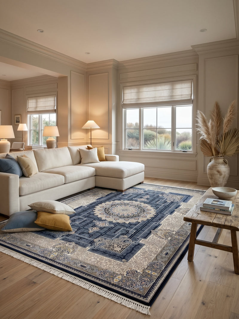Modern Persian Carpet Navy and Cream Background | Stylish Rugs & Carpets