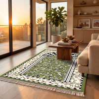 Rawdah Mehrab Floral Prayer Mat · Olive Green Arch styled in a room — Stylish Rugs & Carpets, Sacramento
