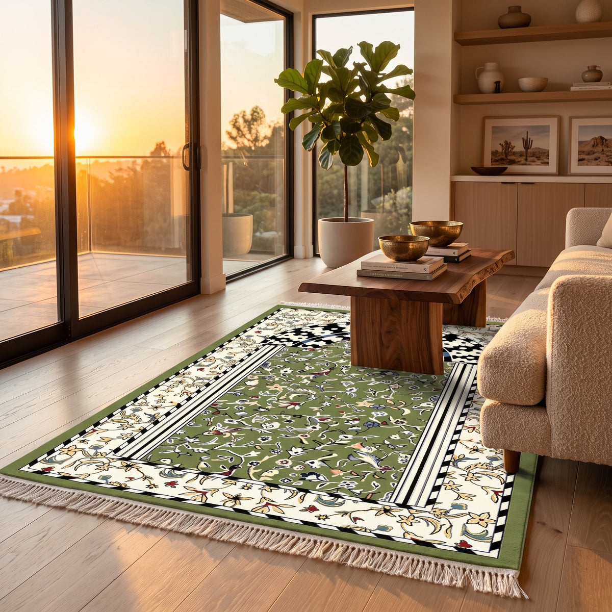 Rawdah Mehrab Floral Prayer Mat · Olive Green Arch styled in a room — Stylish Rugs & Carpets, Sacramento