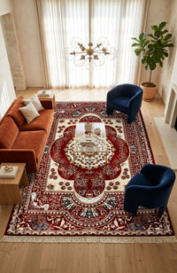 Red & Cream Persian Floral Rug — size 5.7x7.4 (175x225 cm) shown to scale in a living room — Stylish Rugs & Carpets, Sacramento