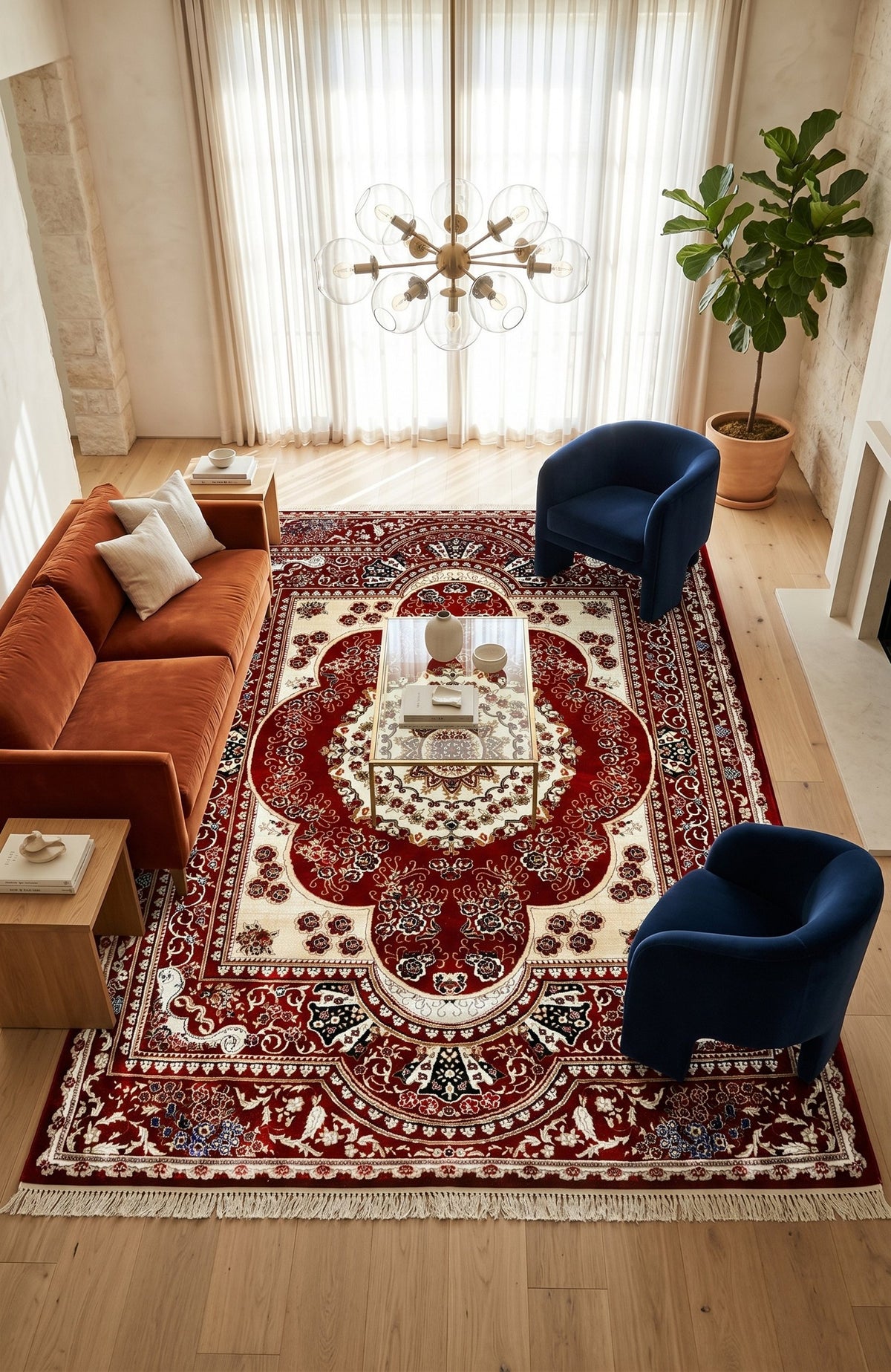 Red & Cream Persian Floral Rug — size 5.7x7.4 (175x225 cm) shown to scale in a living room — Stylish Rugs & Carpets, Sacramento