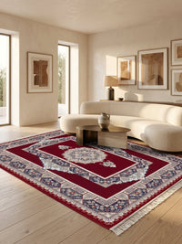 Red Traditional Medallion Persian Rug · 1200 Reeds — size 8.2×11.5 ft (250×350 cm) shown to scale in a living room — Stylish Rugs & Carpets, Sacramento