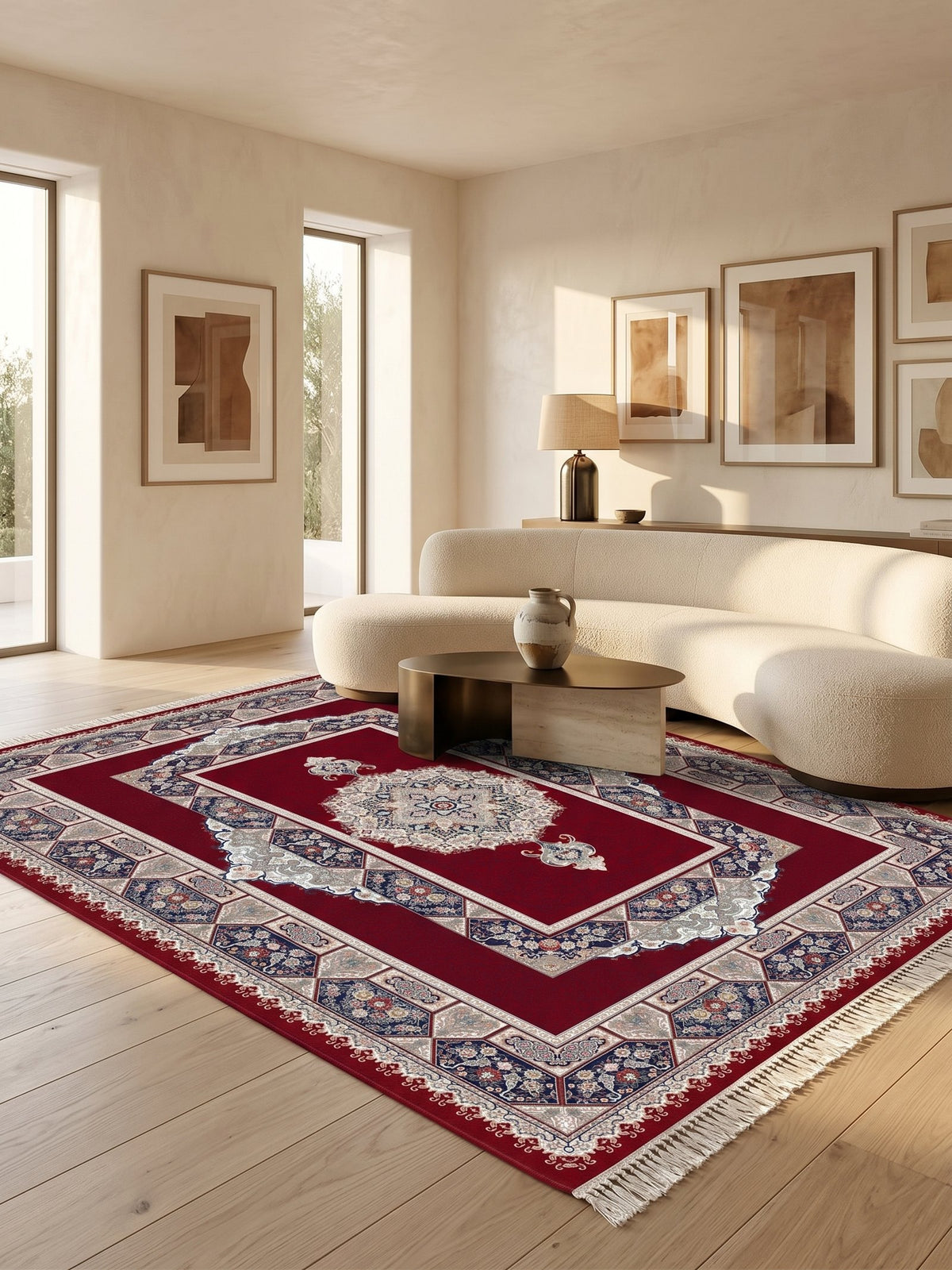 Red Traditional Medallion Persian Rug · 1200 Reeds — size 8.2×11.5 ft (250×350 cm) shown to scale in a living room — Stylish Rugs & Carpets, Sacramento