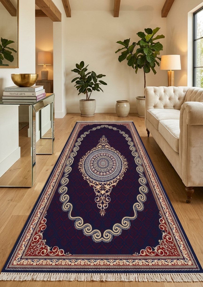 Red & Gold Scroll Persian Rug · 1200 Reeds — size 3x10Feet (91x300cm)  3Meters Runner shown to scale in a living room — Stylish Rugs & Carpets, Sacramento