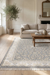 Grey & Blue All-Over Floral Rug - Shadow Art Silk — area rug styled in a room, Stylish Rugs & Carpets, Sacramento
