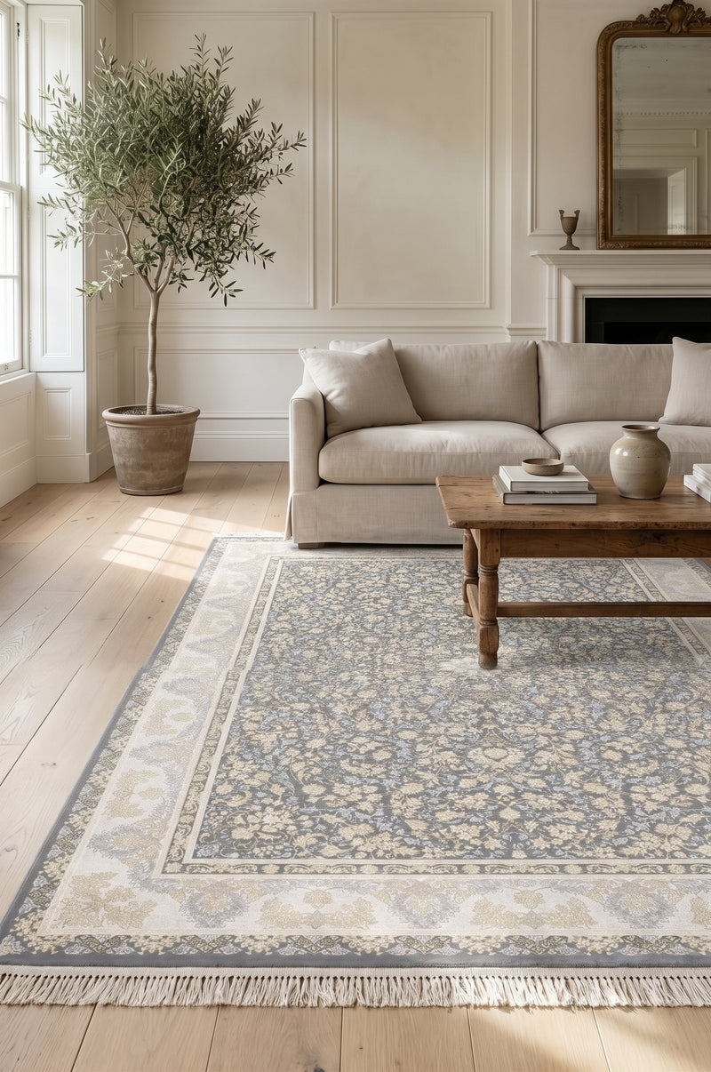Grey & Blue all-over floral rug from the Shadow line, Art Silk pile