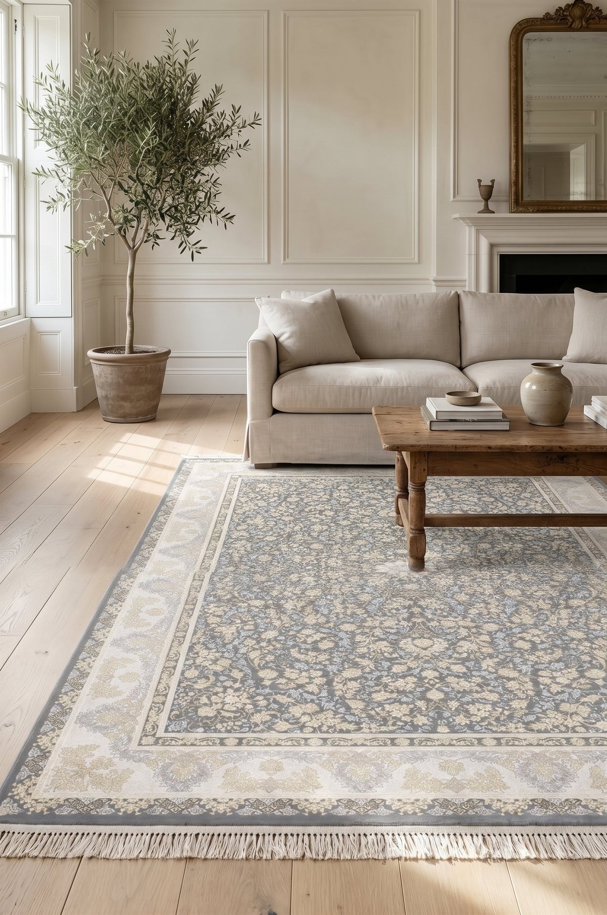 Grey & Blue All-Over Floral Rug - Shadow Art Silk — area rug styled in a room, Stylish Rugs & Carpets, Sacramento