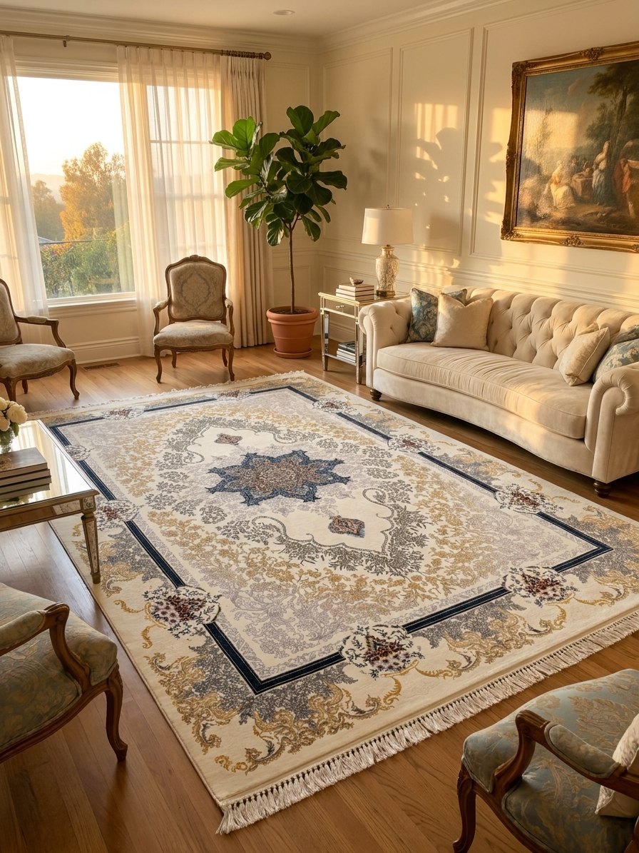 Cream Medallion Persian Rug rug styled in a Sacramento home — Stylish Rugs & Carpets