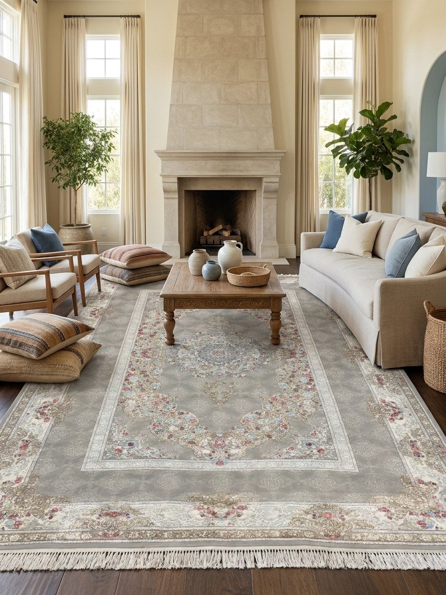 Classic Light Gray Medallion Persian Rug · 2M Points rug styled in a Sacramento home — Stylish Rugs & Carpets
