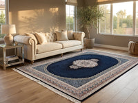 Navy Medallion Persian Rug · 1200 Reeds — size 8.2x11.5 Feet (250x350 cm) 9Meters shown to scale in a living room — Stylish Rugs & Carpets, Sacramento