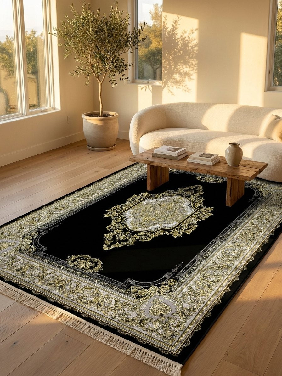 Black & Gold Medallion Turkish Rug rug styled in a Sacramento home — Stylish Rugs & Carpets