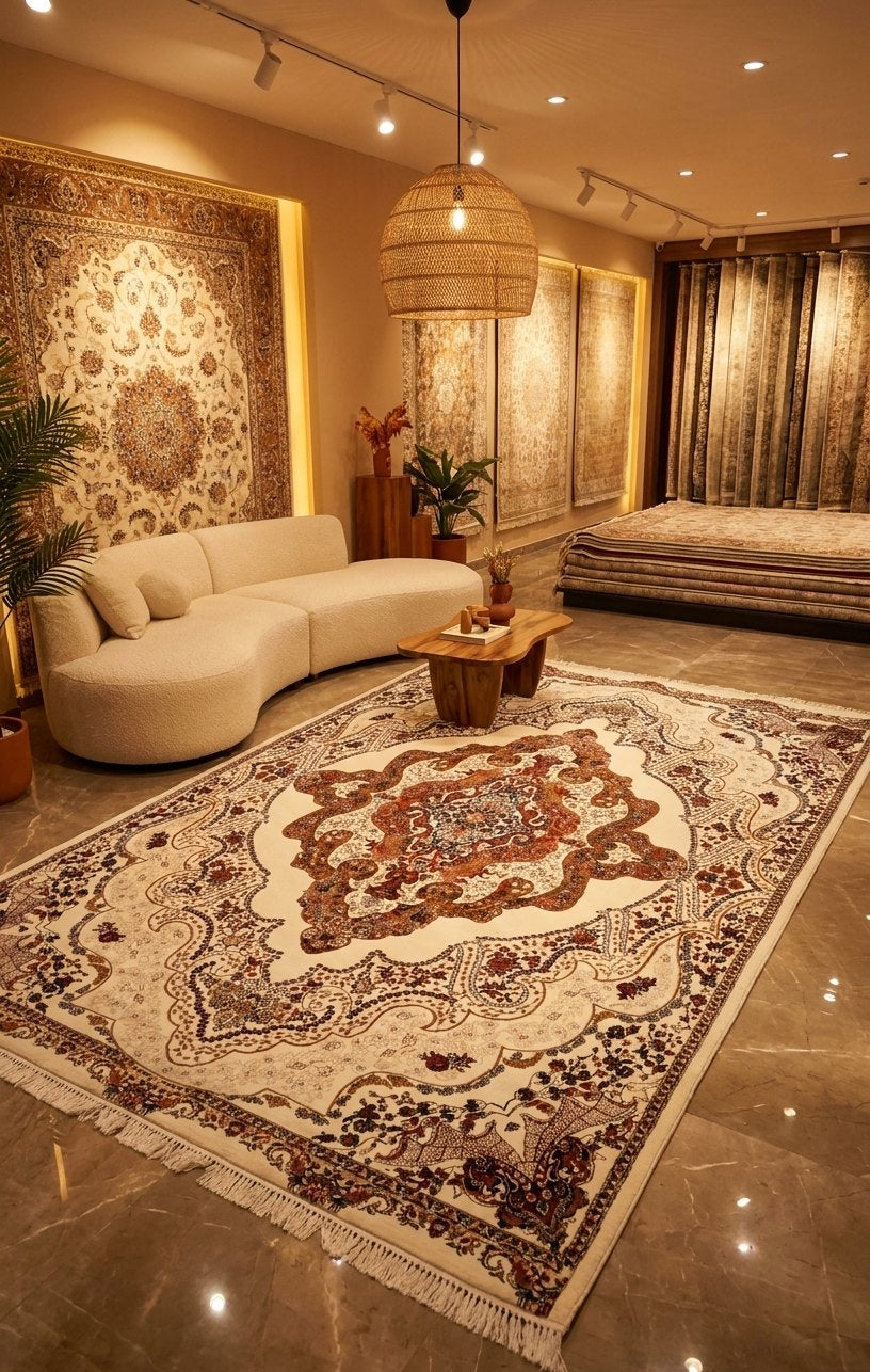 Luxury Cream & Brown Persian Rug — 1.5M Points — area rug styled in a room, Stylish Rugs & Carpets, Sacramento