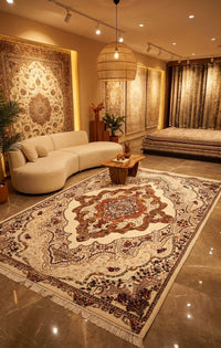 Luxury Cream & Brown Persian Rug — 1.5M Points — area rug styled in a room, Stylish Rugs & Carpets, Sacramento
