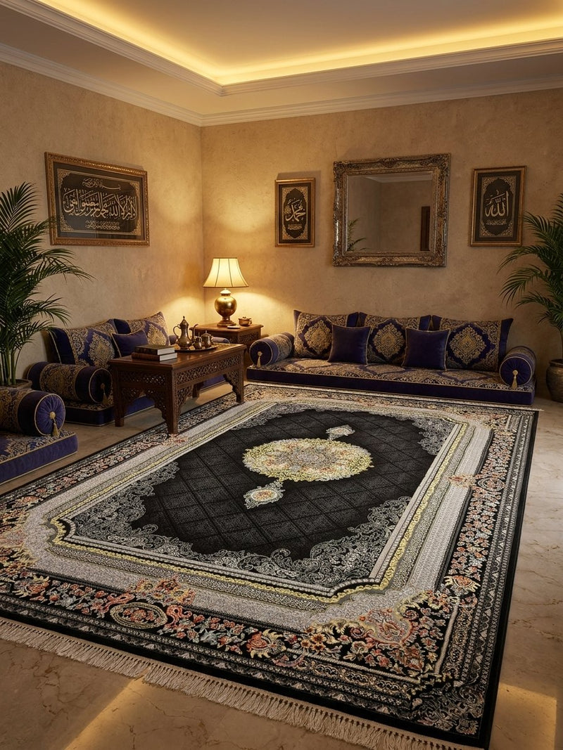 Black Diamond Lattice Medallion Turkish Rug | Stylish Rugs