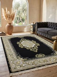 Black & Gold Medallion Turkish Rug styled in a room — Stylish Rugs & Carpets, Sacramento