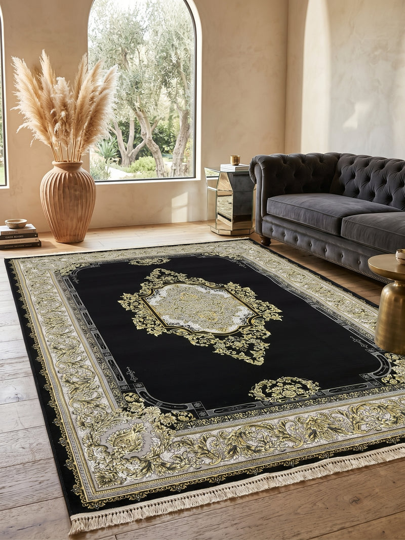Black and Gold Diamond Medallion Turkish Rug | Stylish Rugs