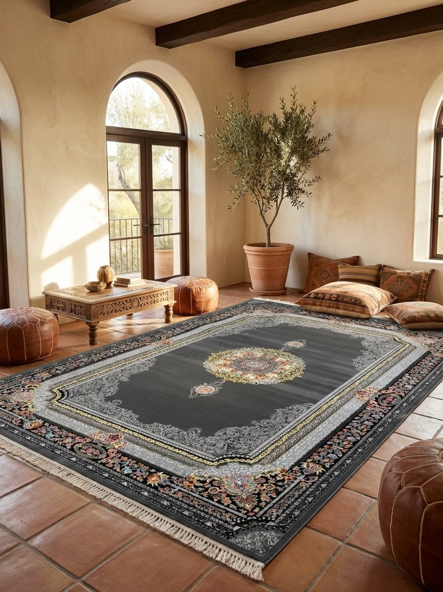 Gray & Gold Medallion Persian Rug rug styled in a Sacramento home — Stylish Rugs & Carpets