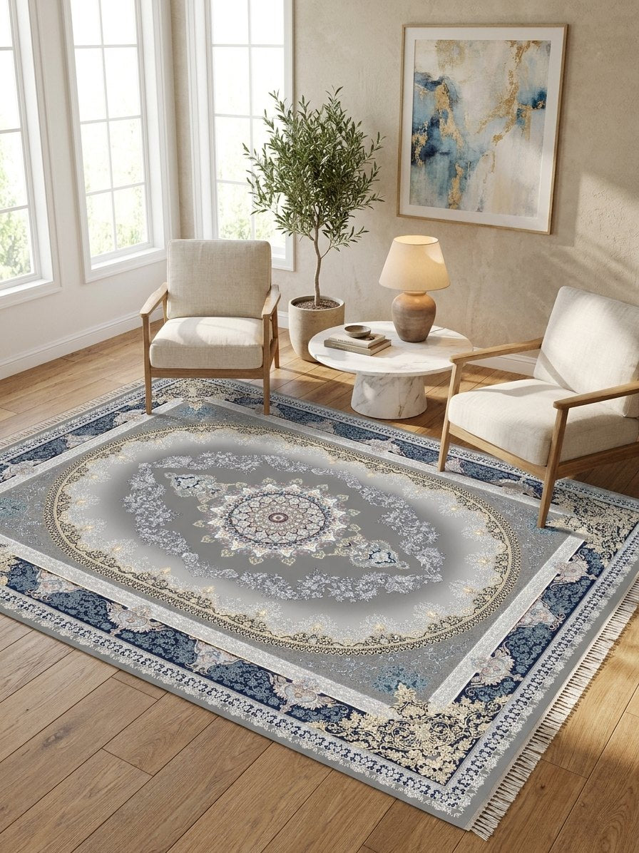 Navy Medallion Persian Rug · 1200 Reeds — size 8.2x11.5 Feet (250x350 cm) 9Meters shown to scale in a living room — Stylish Rugs & Carpets, Sacramento