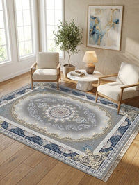 Navy Medallion Persian Rug · 1200 Reeds — size 8.2x11.5 Feet (250x350 cm) 9Meters shown to scale in a living room — Stylish Rugs & Carpets, Sacramento