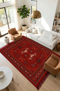 Red & Terracotta Bird Motif Turkish Rug — area rug styled in a room, Stylish Rugs & Carpets, Sacramento