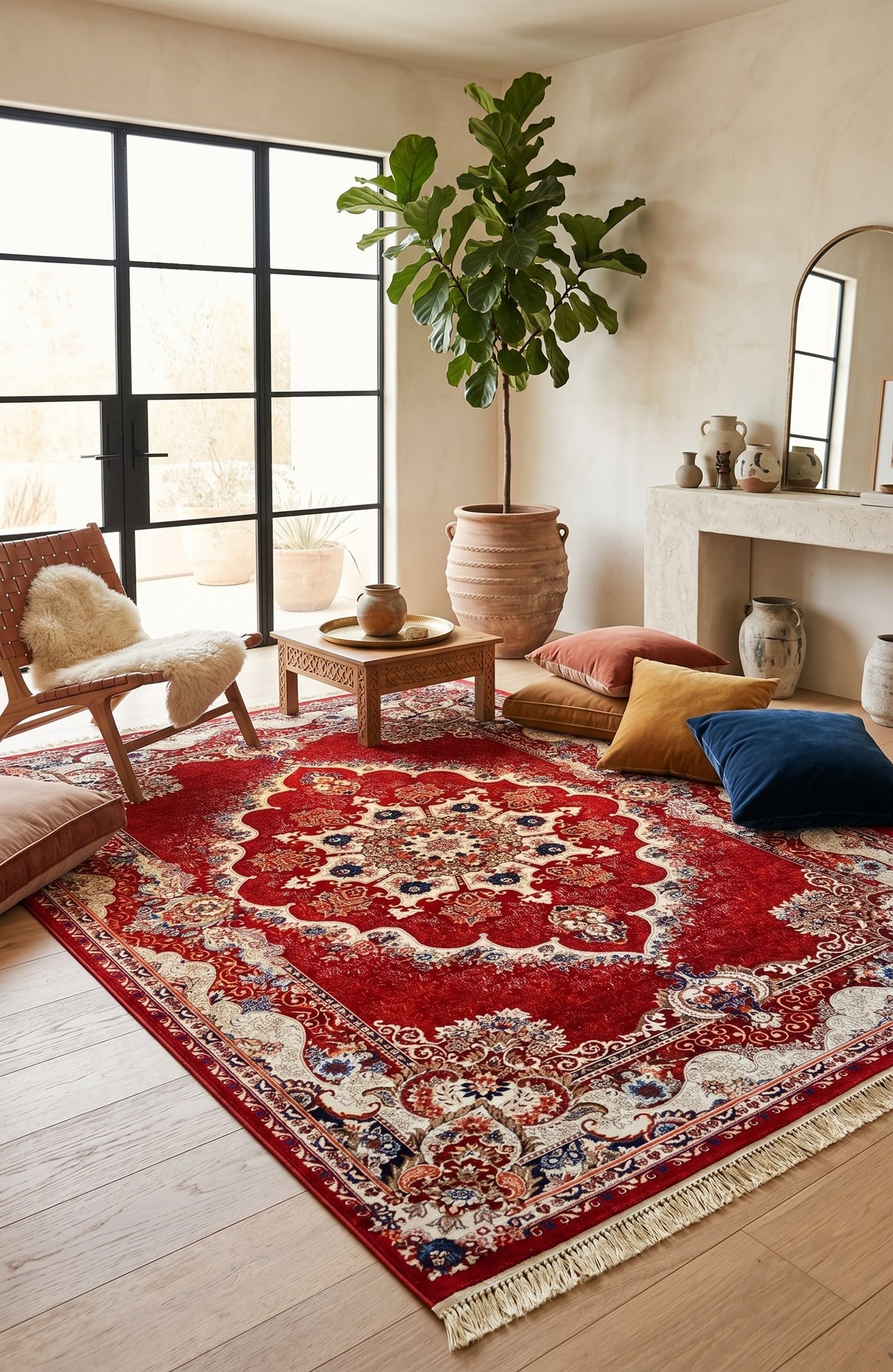 Majestic Crimson and Gold Persian Rug 1200 Reeds styled in a room — Stylish Rugs & Carpets, Sacramento