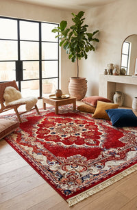 Majestic Crimson and Gold Persian Rug 1200 Reeds styled in a room — Stylish Rugs & Carpets, Sacramento