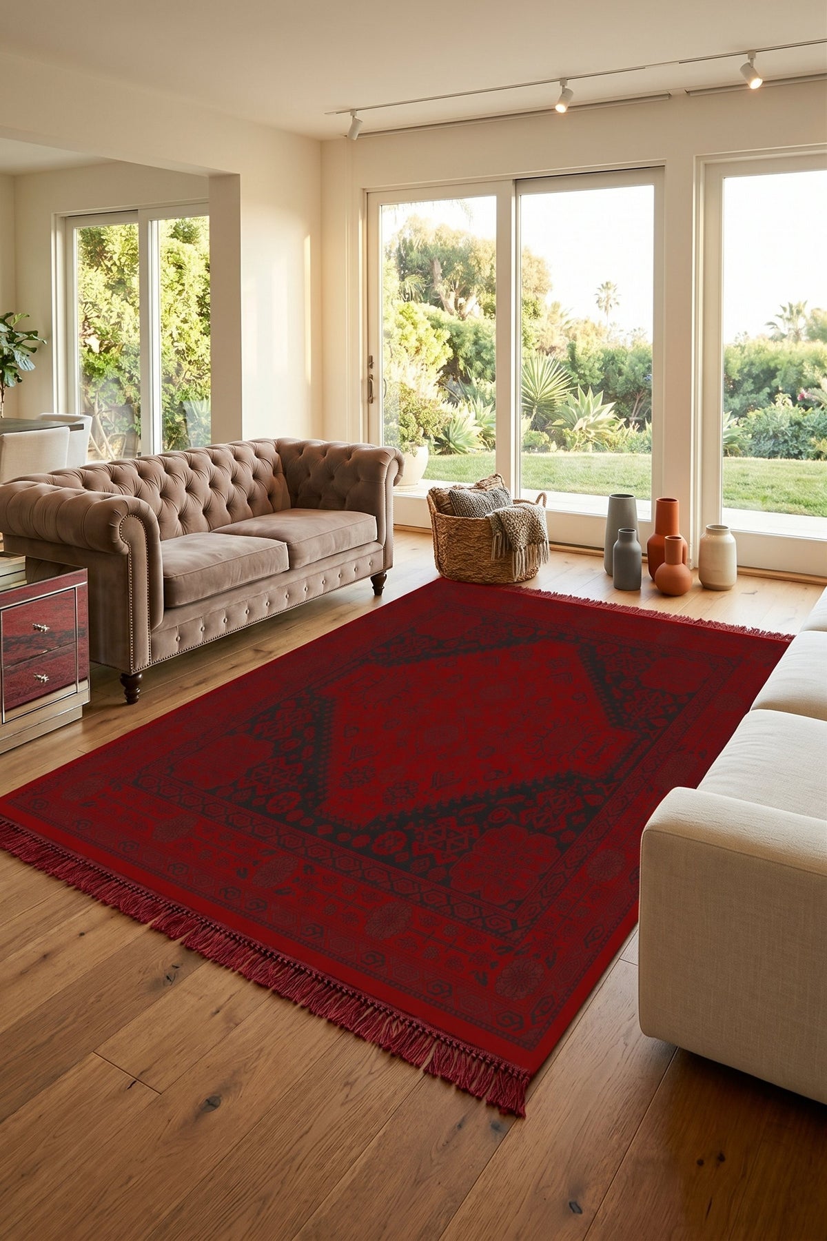 Red & Black Grand Bokhara Turkish Rug — area rug styled in a room, Stylish Rugs & Carpets, Sacramento