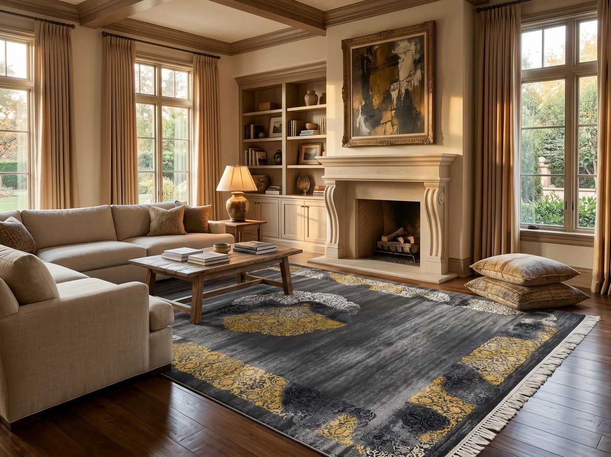 Gray & Gold Medallion Persian Rug · 1200 Reeds styled in a room — Stylish Rugs & Carpets, Sacramento