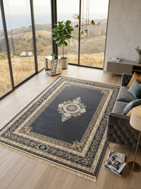 Dark Gray & Gold Darbar Persian Rug styled in a room — Stylish Rugs & Carpets, Sacramento