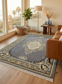 Dark Gray & Gold Shah Persian Rug styled in a room — Stylish Rugs & Carpets, Sacramento