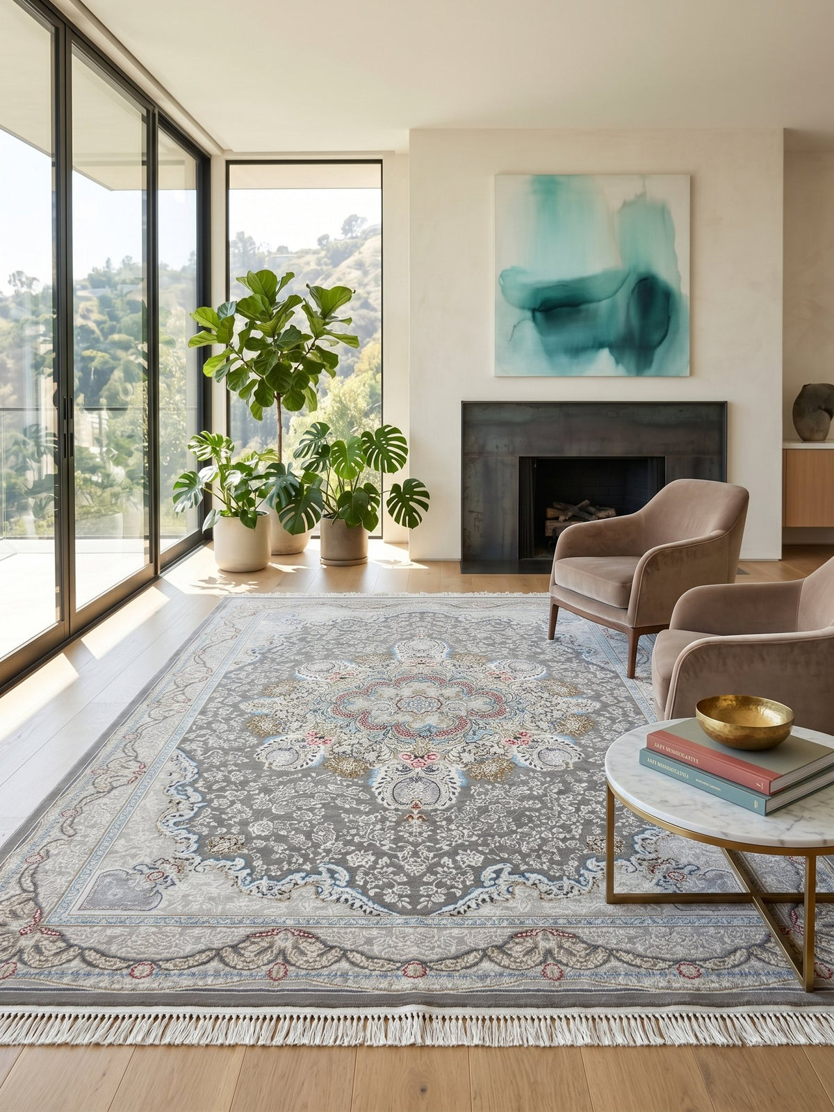 Persian Oval Carpet - Gray Background with Central Medallion and Pastel Accents - 2 Million Points styled in a room — Stylish Rugs & Carpets, Sacramento