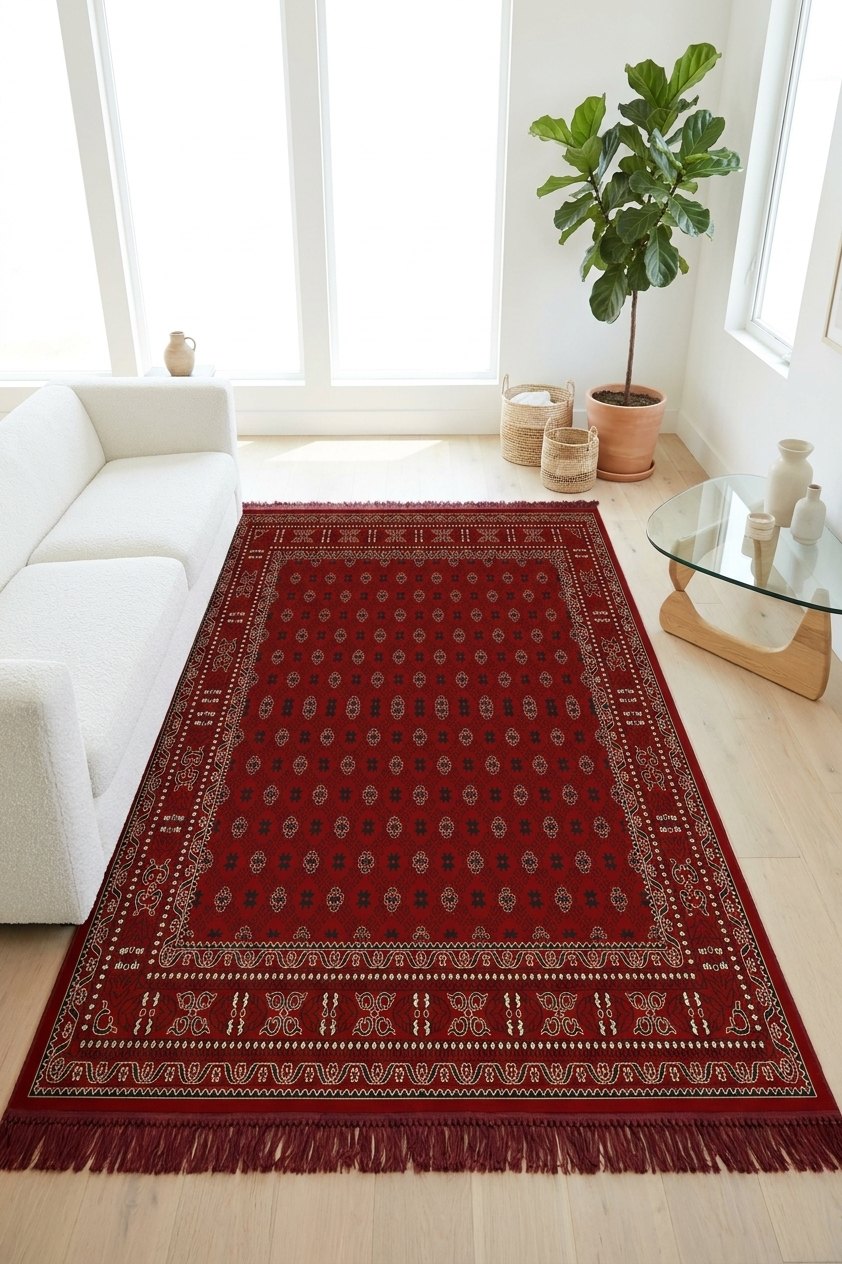 Red & Ivory Turkmen All-Over Turkish Rug — area rug styled in a room, Stylish Rugs & Carpets, Sacramento