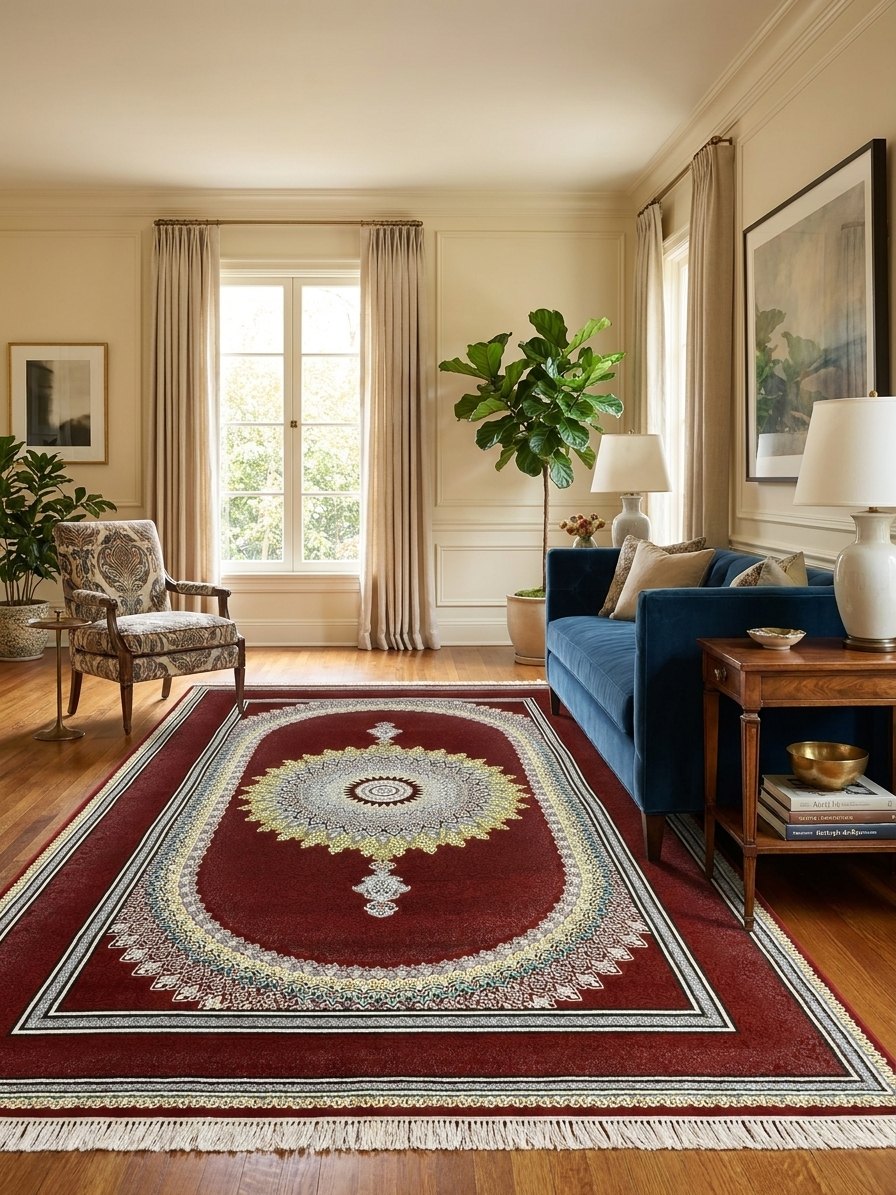 Red Sunburst Medallion Turkish Rug | Stylish Rugs rug styled in a Sacramento home — Stylish Rugs & Carpets